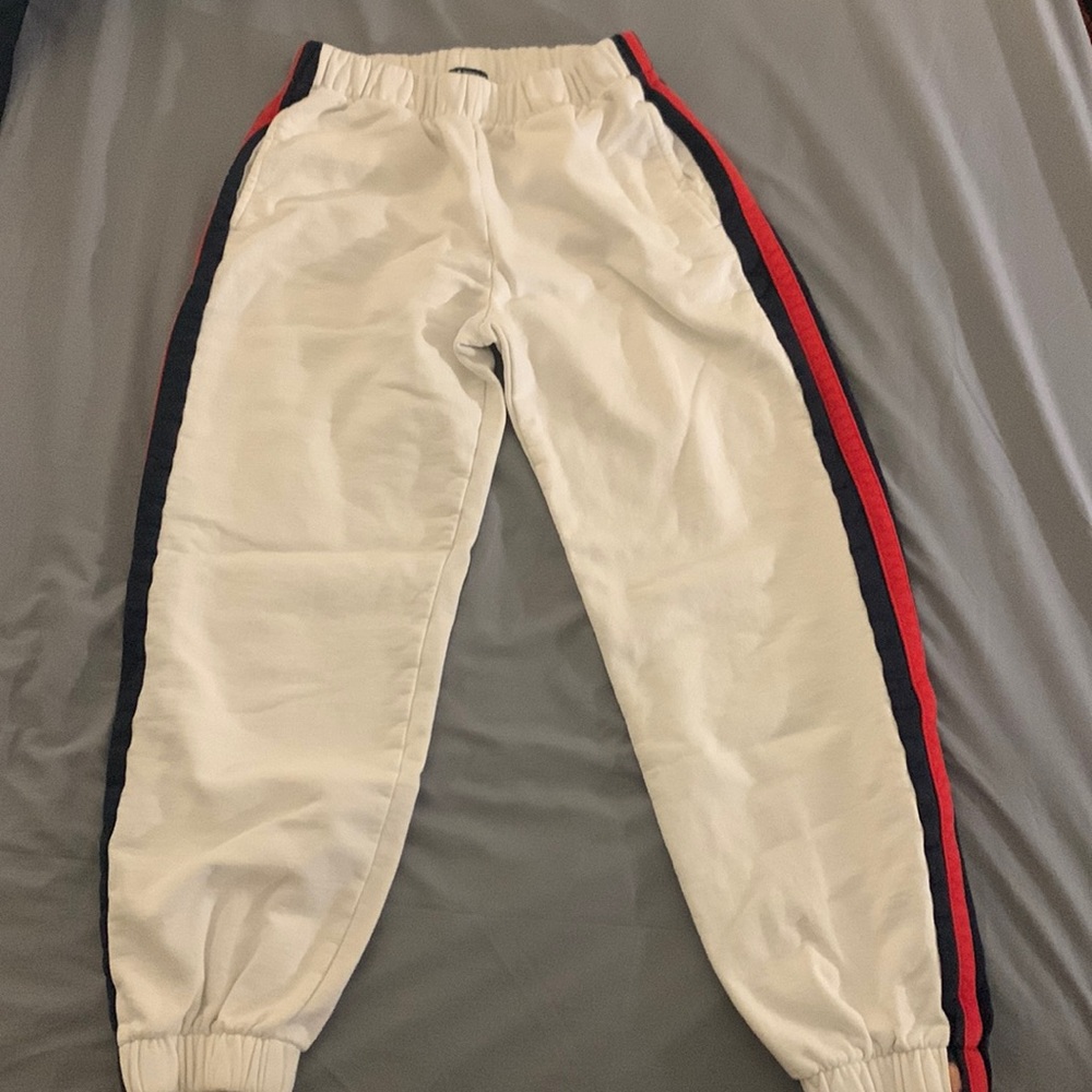 brandy melville sweatpants, one size, white with navy blue and white stripes